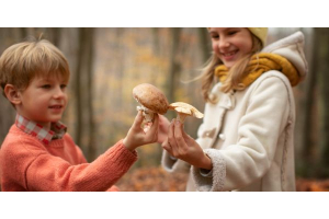 Kinder beim Sammeln von heimischen Pilzen
