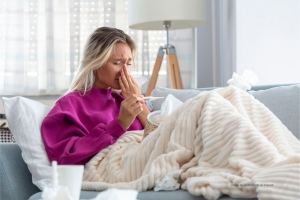 Frau mit Erkältung auf einem Sofa