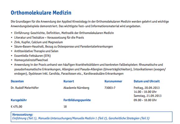 Kurs über orthomolekulare Medizin in Nürnberg 20/21. September 2013