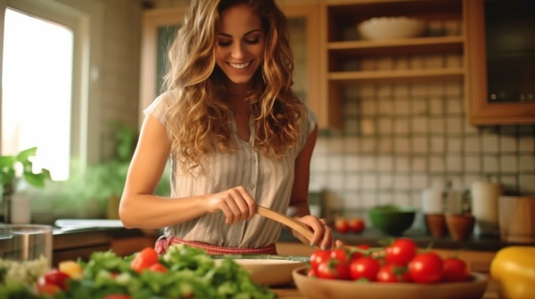 Frau kocht Gemüse, damit das Cholesterin nicht zu hoch wird