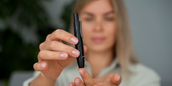 Frau mit Diabetes misst Blutzucker