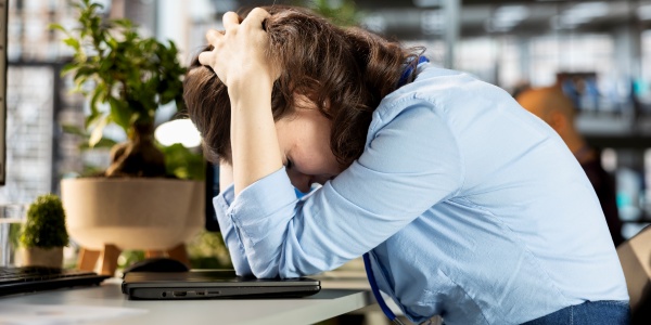 Verzweifelte, vor dem Laptop sitzende Frau sollte Stress abbauen